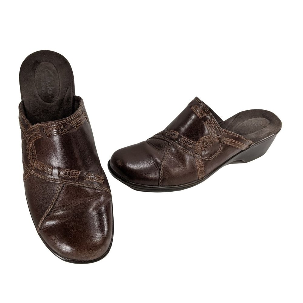 Womens Clarks Bendables Brown Leather Slip-On Clogs Slides Mules #60613 Size 9 M